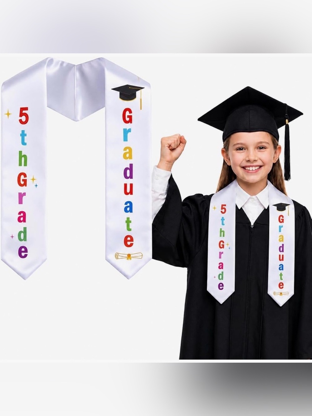NNG 5th Grade White Graduation Stole Sash w/ Colorful 'Graduate' Lettering